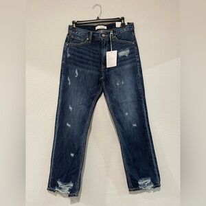 KanCan Women's Straight Leg Distressed Dark Blue Jeans